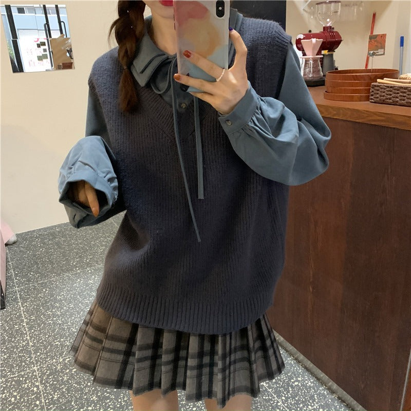 ボウタイブラウス&ニットベストSET