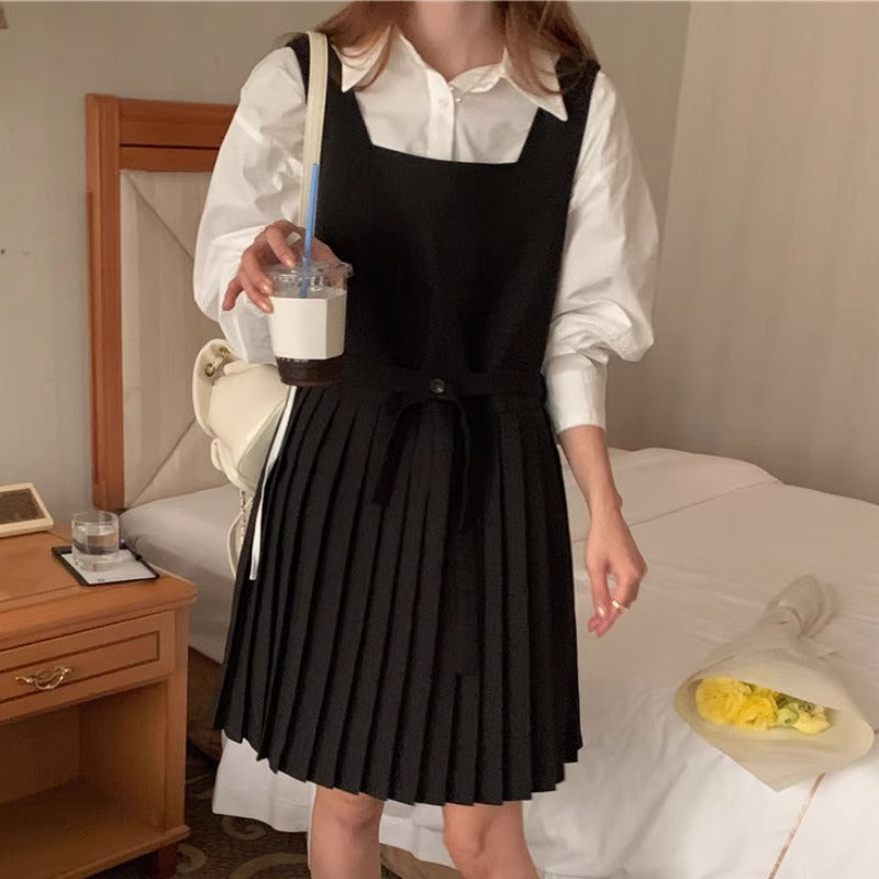 ウエストベルトプリーツワンピース&ブラウスSET