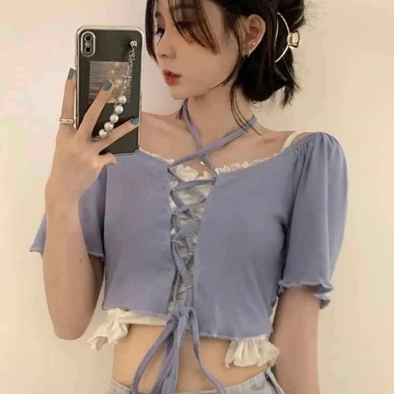 レースアップオフショルダートップス