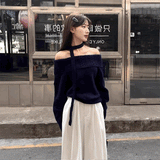 ネックリボンオフショルダーケーブルニット