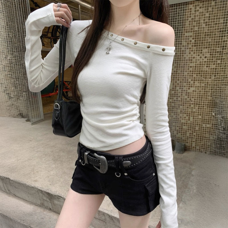 ワンショルダースタッズロンT