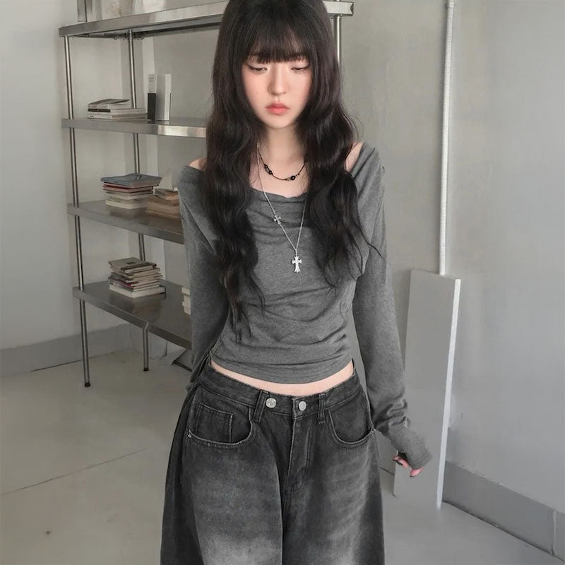 オフショルダールーズギャザーロンT