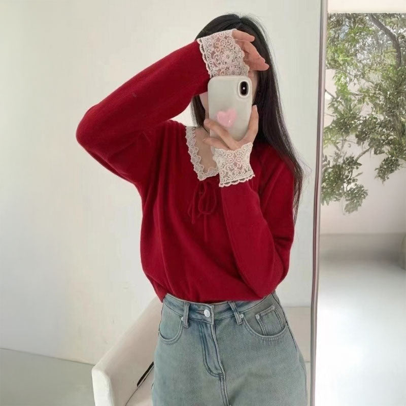 レースネックミニリボンニット