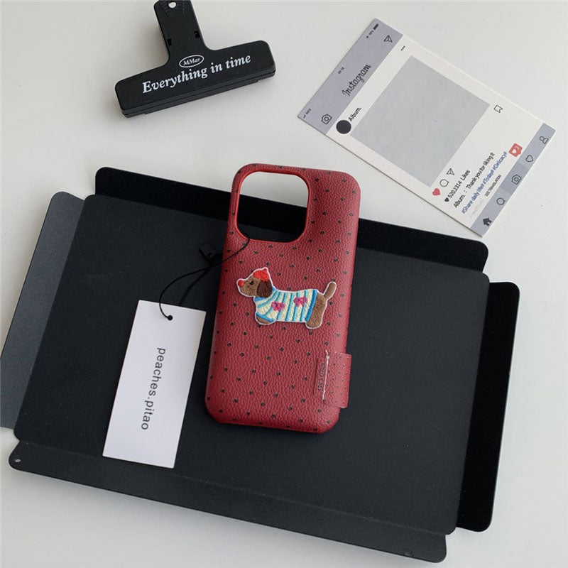 ドッグ刺繍レザーiPhoneケース