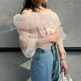 オフショルダーオーガンジートップス