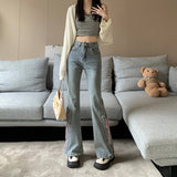 ピンクレースアップフレアデニム