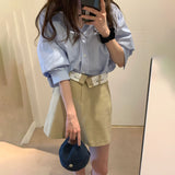 半袖ストライプシャツ&ウエスト折り返しスカートSET