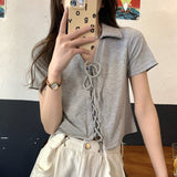 半袖フロントレースアップトップス