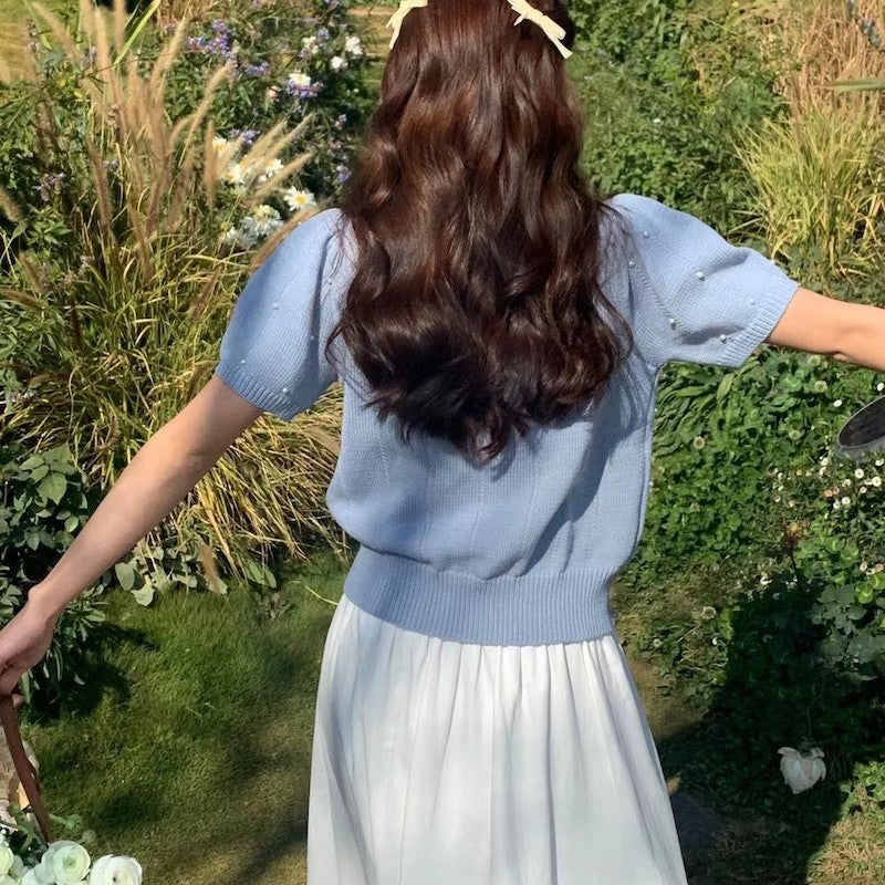 パールビジュー半袖ニット