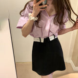 半袖ストライプシャツ&ウエスト折り返しスカートSET