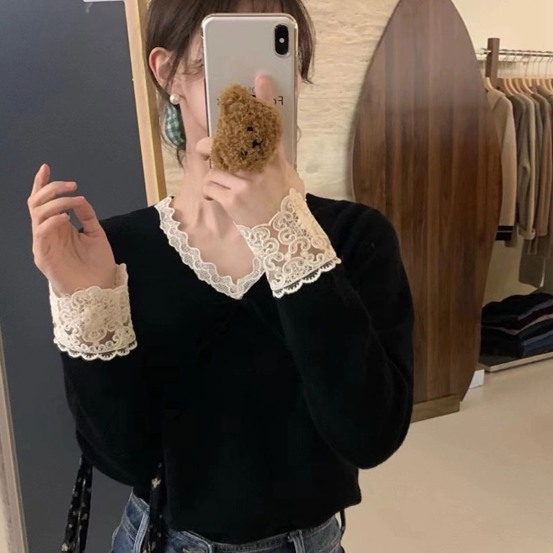 レースネックミニリボンニット