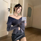 オフショルダーリブジップニット