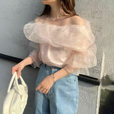 オフショルダーオーガンジートップス