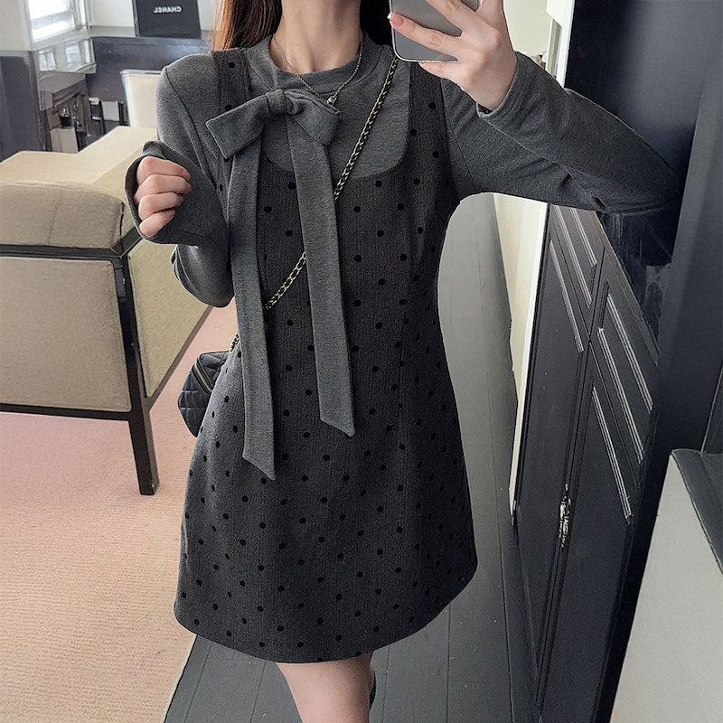 リボンネックニット&ドットワンピースSET