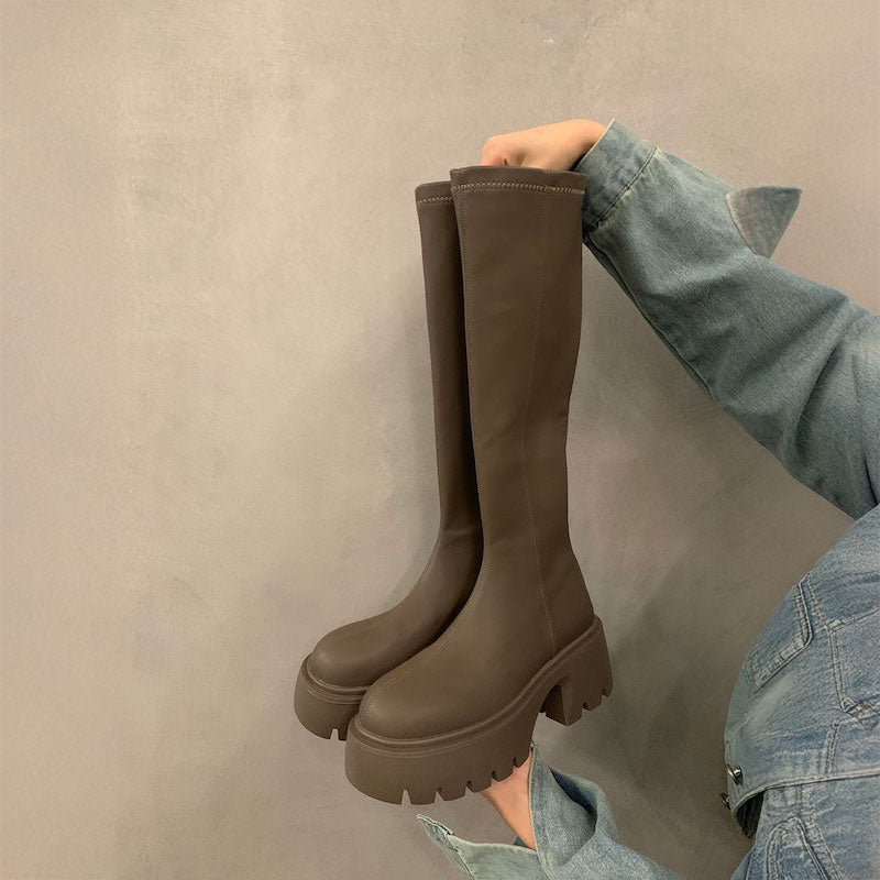 厚底スムースレザーロングブーツ