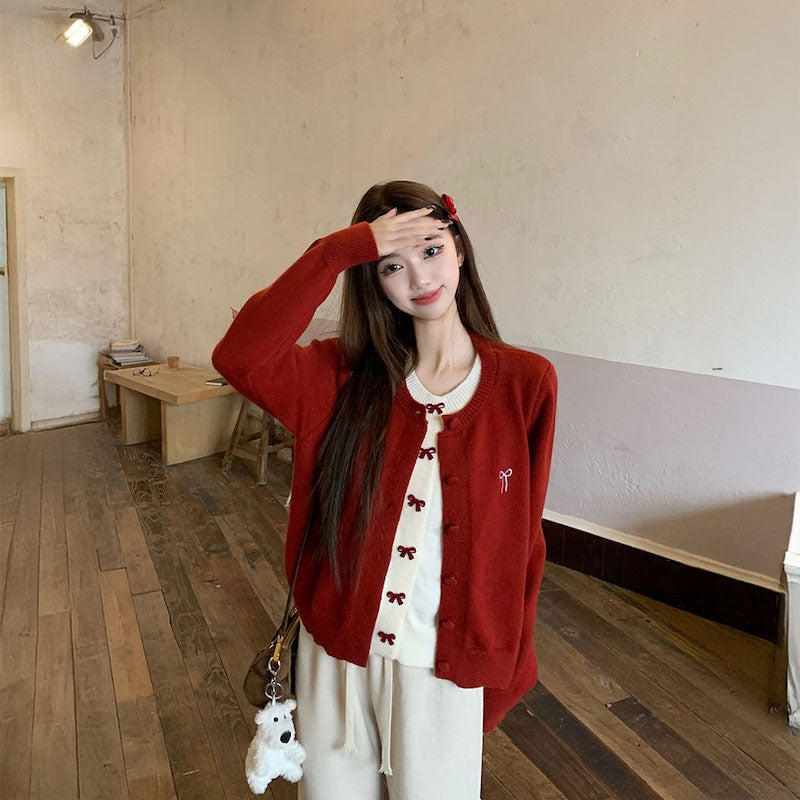 リボンレイヤードニットトップス