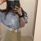 半袖ストライプシャツ&ウエスト折り返しスカートSET