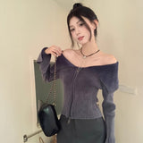 オフショルダーリブジップニット