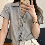 半袖フロントレースアップトップス