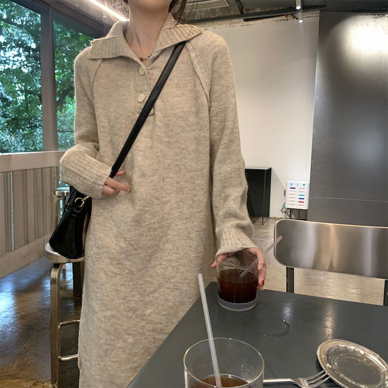 ボタンリブネックニットワンピース