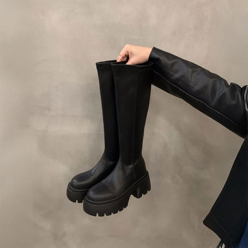 厚底スムースレザーロングブーツ