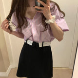 半袖ストライプシャツ&ウエスト折り返しスカートSET