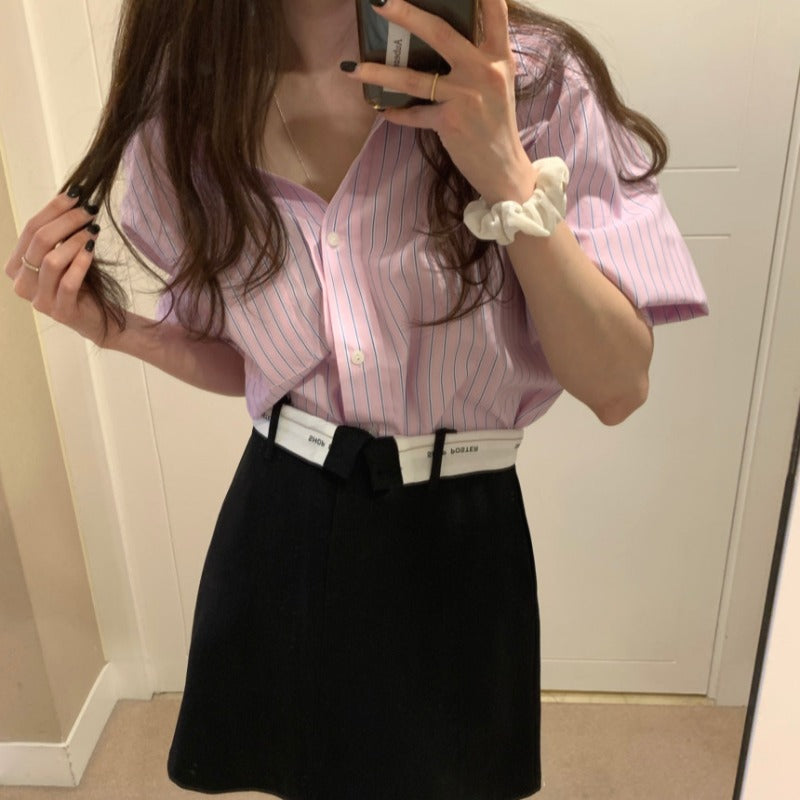 半袖ストライプシャツ&ウエスト折り返しスカートSET