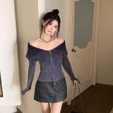 オフショルダーリブジップニット