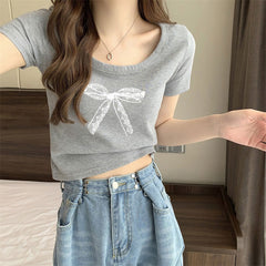 リボンプリントリブTシャツ