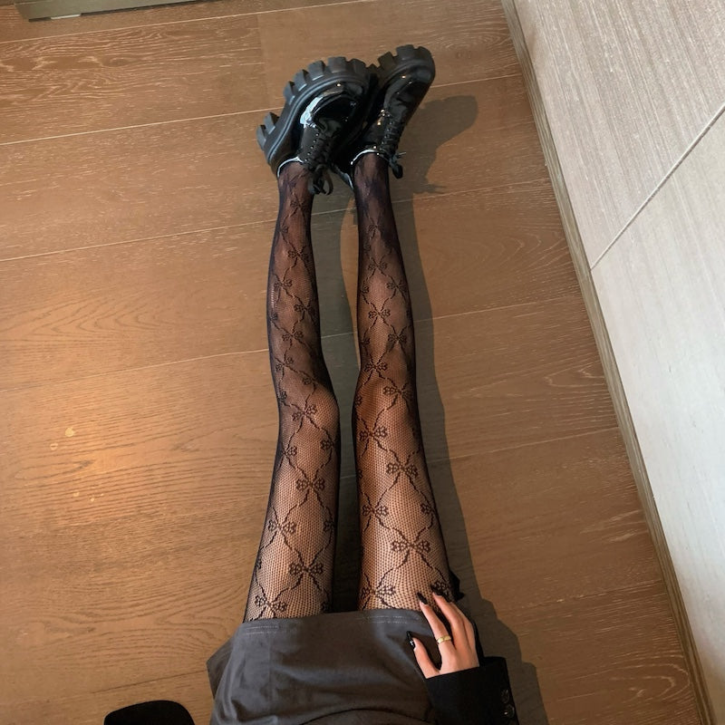 リボングリッドパターンタイツ