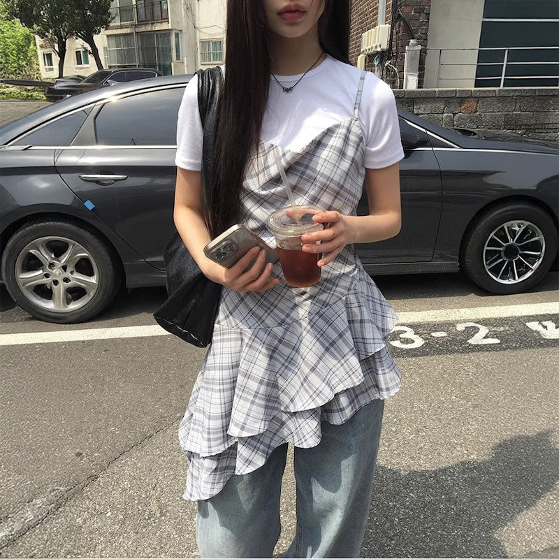 アシンメトリーチェックキャミソールチュニック