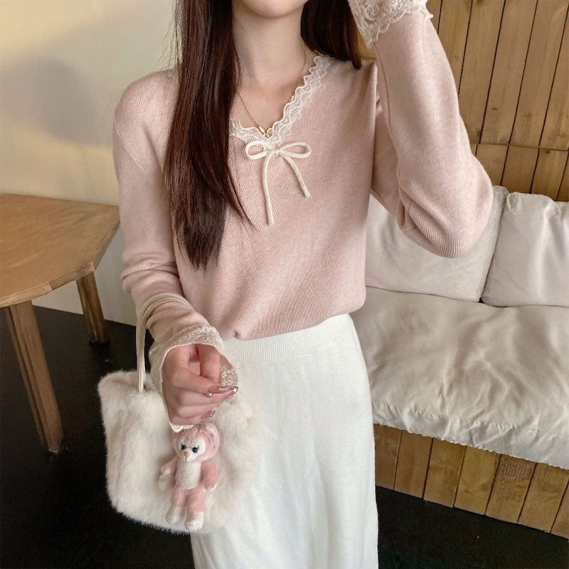 レースネックミニリボンニット