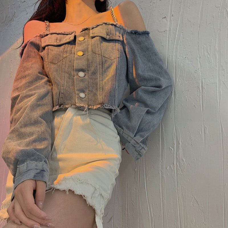 チェーンショルダーデニムトップス