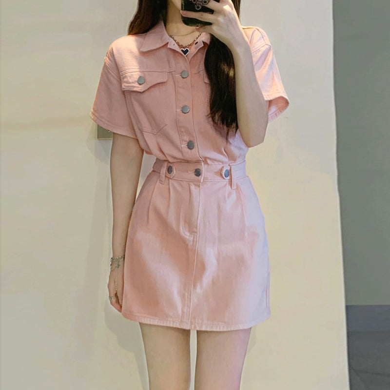 カラーデニムボタンワンピース