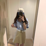 半袖ストライプシャツ&ウエスト折り返しスカートSET