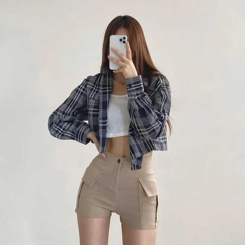 チェックカジュアルクロップドシャツ