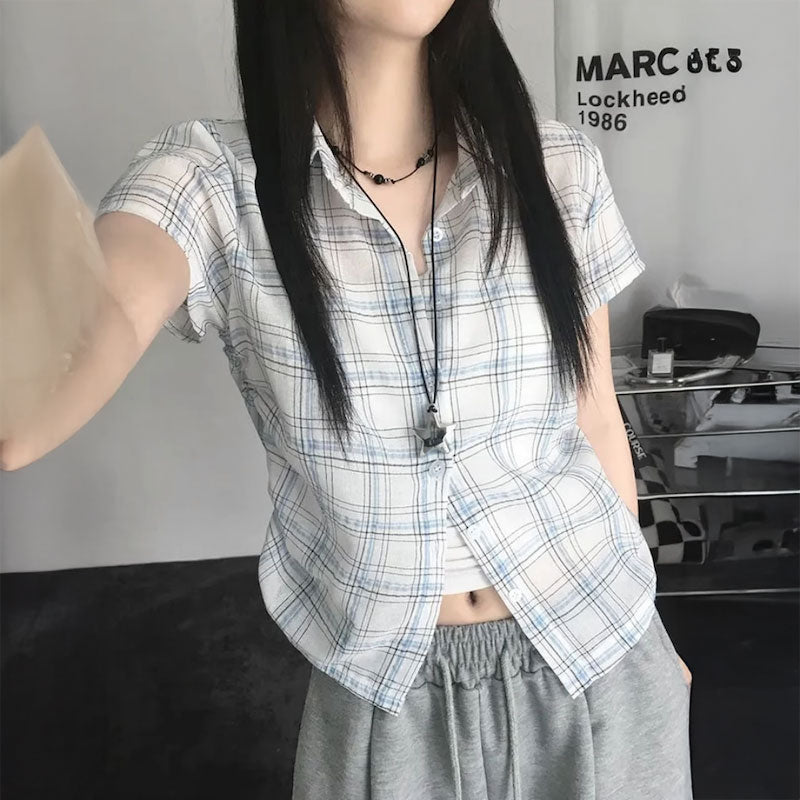 サイドリボンチェック半袖シャツ