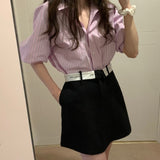 半袖ストライプシャツ&ウエスト折り返しスカートSET