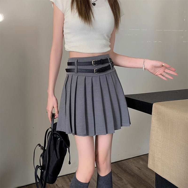 ダブルベルトミディアムプリーツスカート