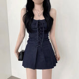 レースアップデニムレディワンピース