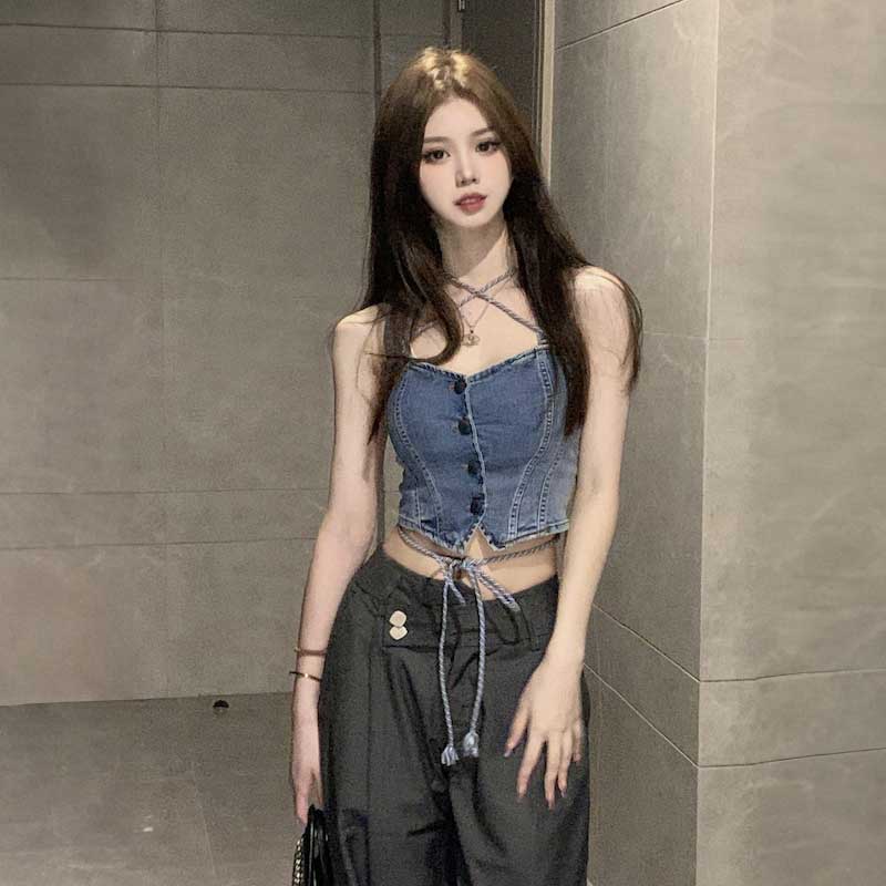 クロスネックデニムトップス&デザインパンツSET