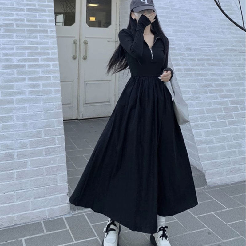 ハーフジップスウェットロングワンピース