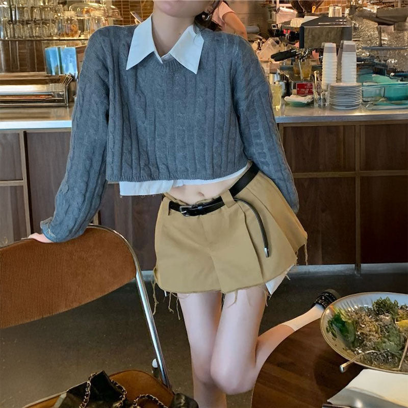 レイヤードケーブルシャツニット