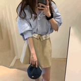 半袖ストライプシャツ&ウエスト折り返しスカートSET