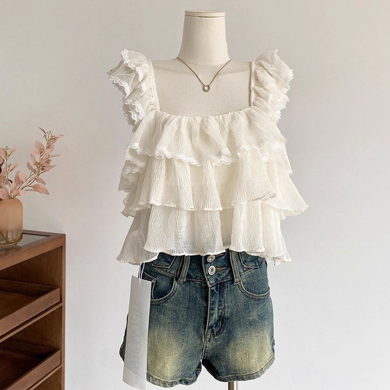 ティアードフリルノースリーブブラウス