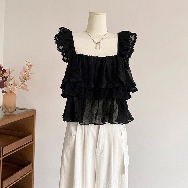 ティアードフリルノースリーブブラウス