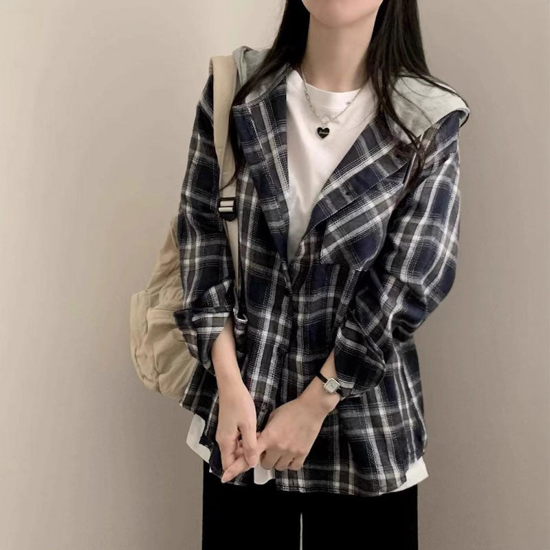 フード付きカジュアルチェックシャツ