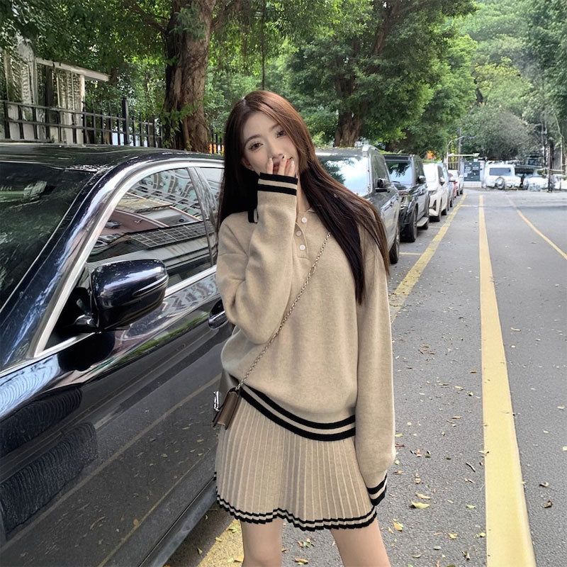 ラインポロニット&ニットプリーツスカートSET