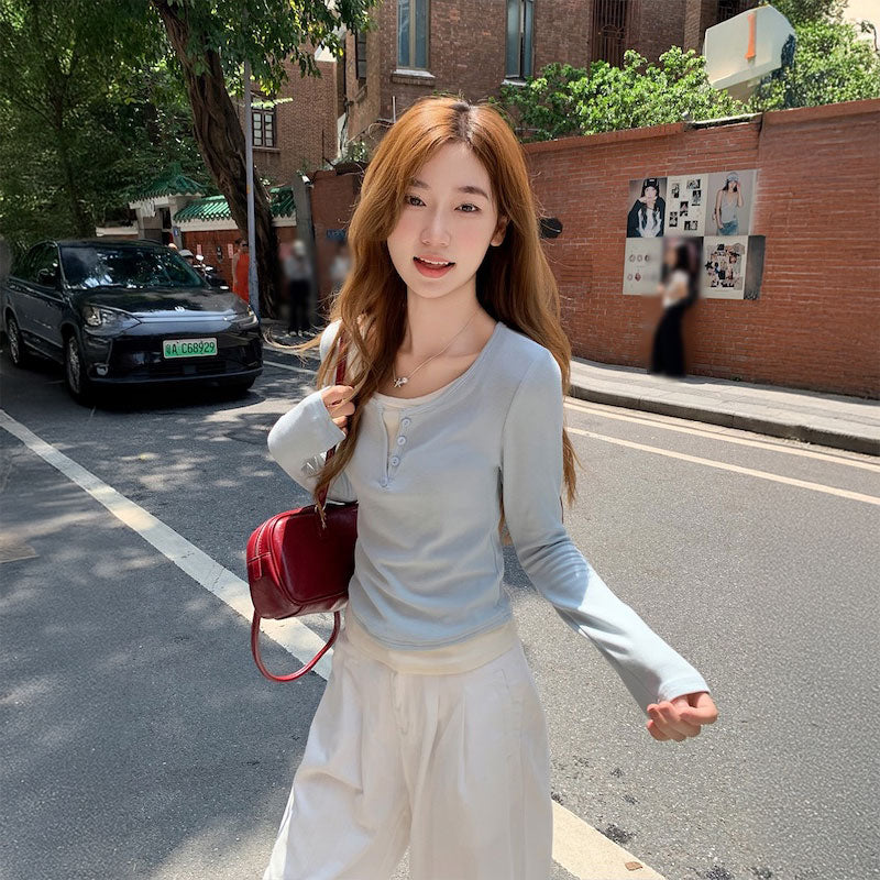 ボタンネックレイヤードロンT