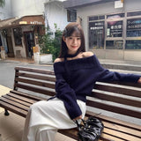 ネックリボンオフショルダーケーブルニット